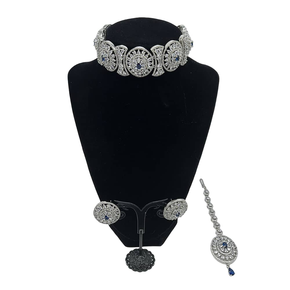 Silver American Diamond Choker Set in Sapphire blue