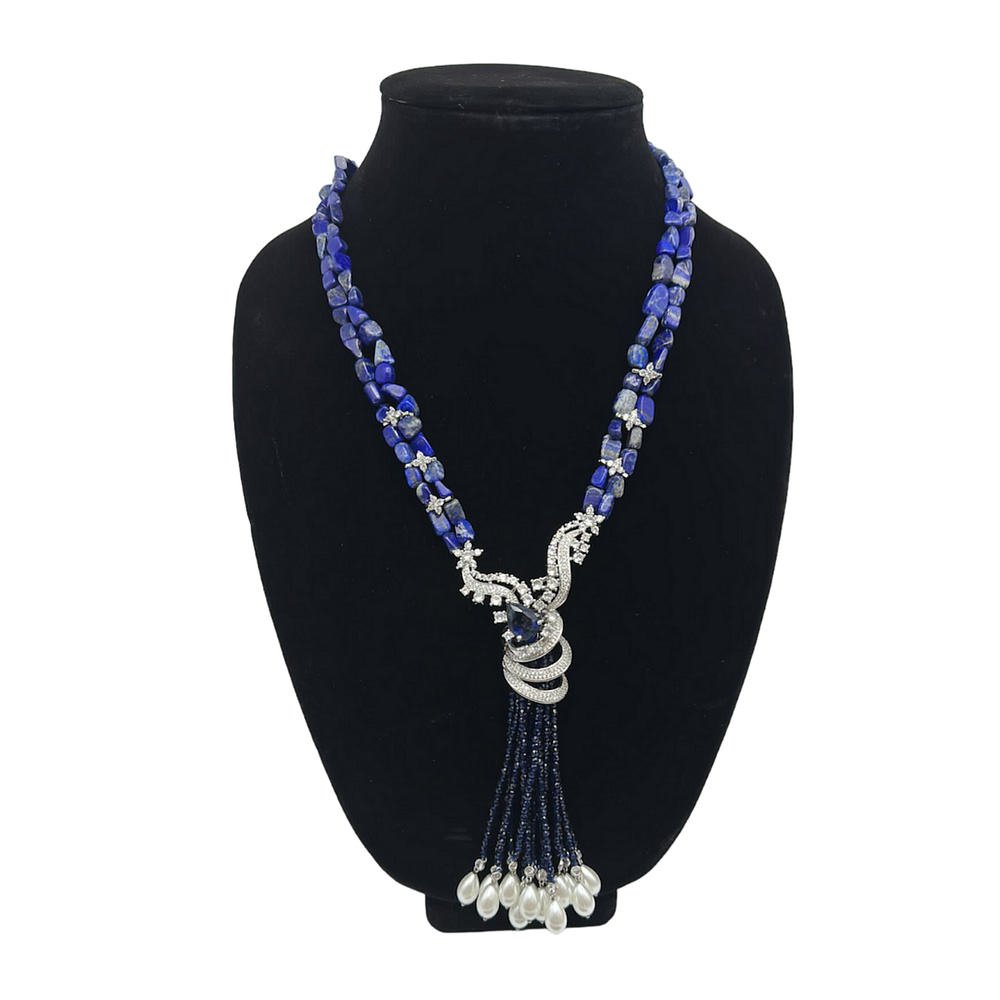 Long tassel style ad necklace in Sapphire blue