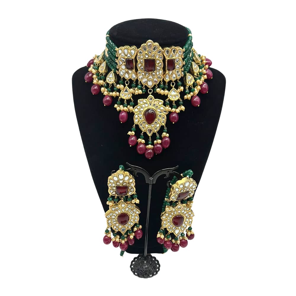 Kundan choker set with main ruby stones and semi precious emeralds strands