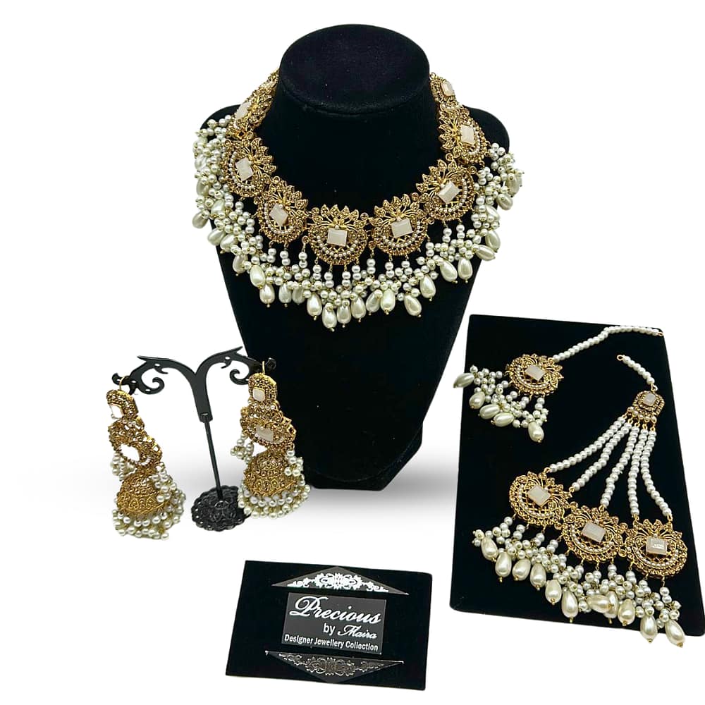 Antique gold beautiful set with jhumkey in all pearls finish