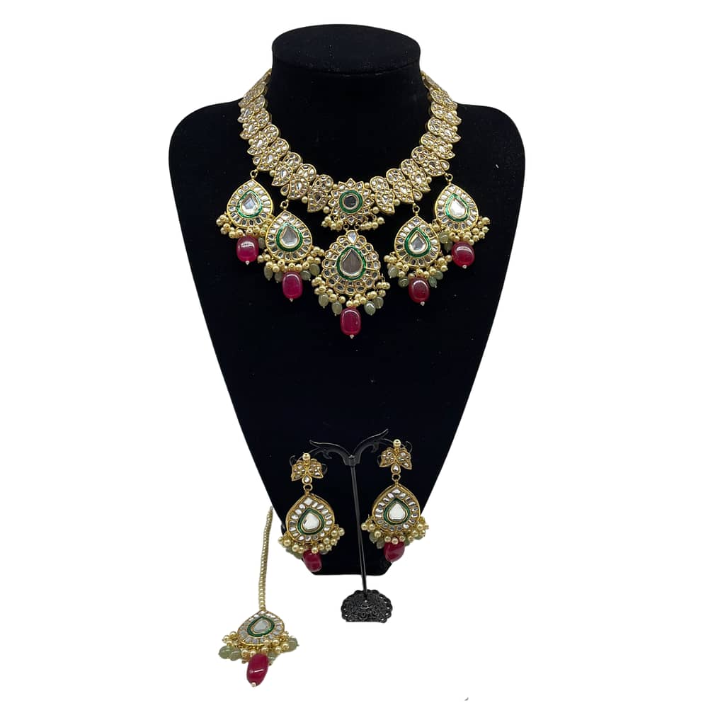 Kundan meena Kari necklace set with ruby, mint green droplets and pearls