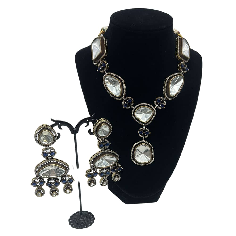 Uncut kundan designer necklace set with Sapphire centee stones