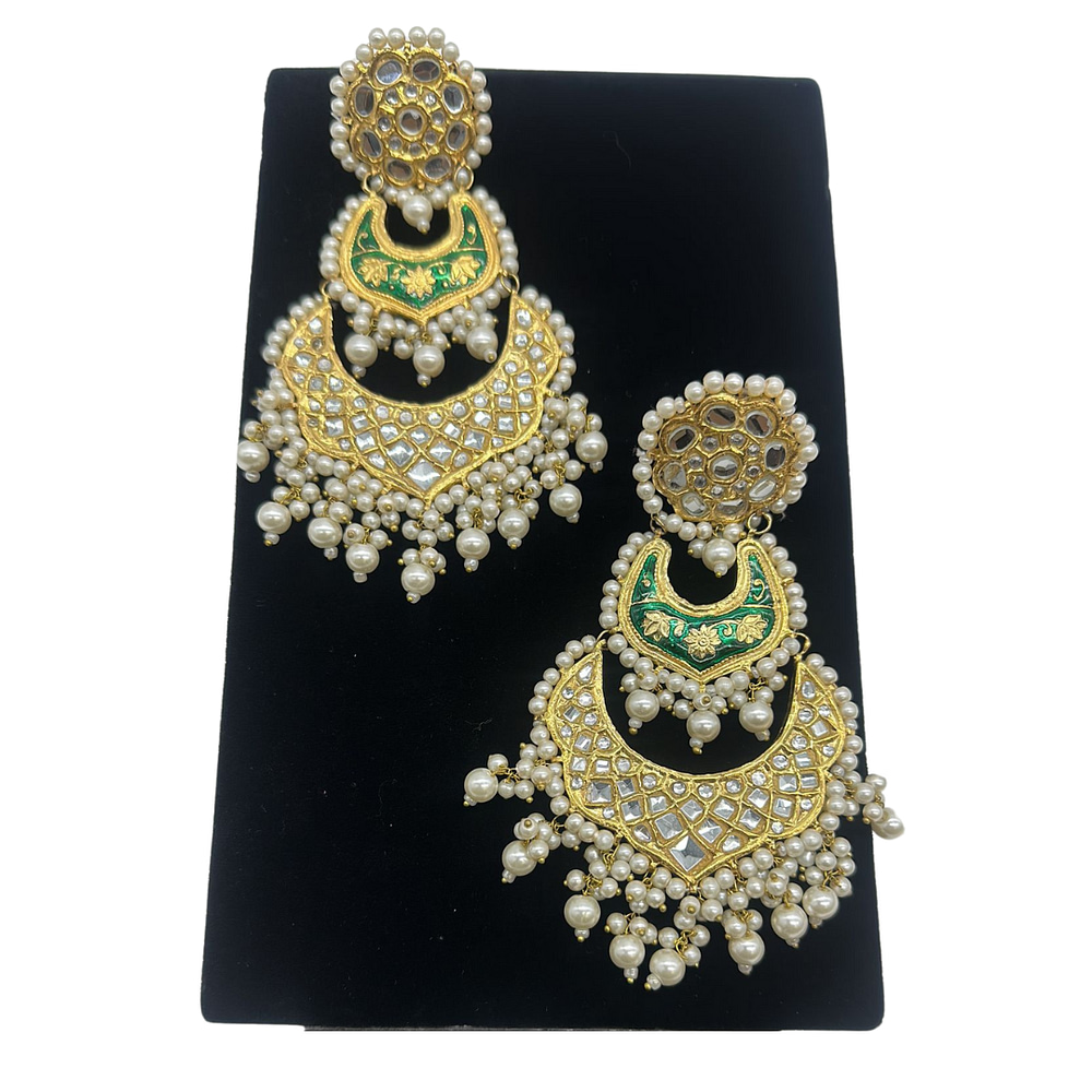 Kunda meena earrings in green with pearls finish