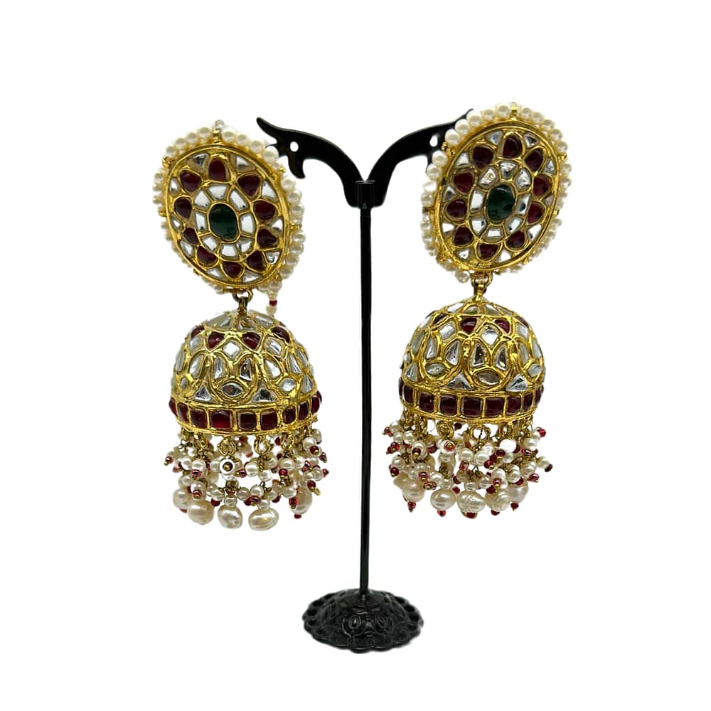 Kundan jhumkey with ruby stones and real pearls hanging