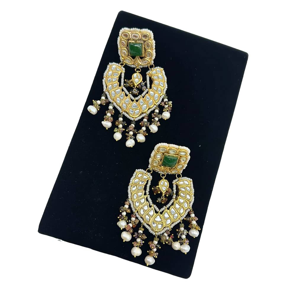 Kundan earrings with main emerald stone and tourmaline