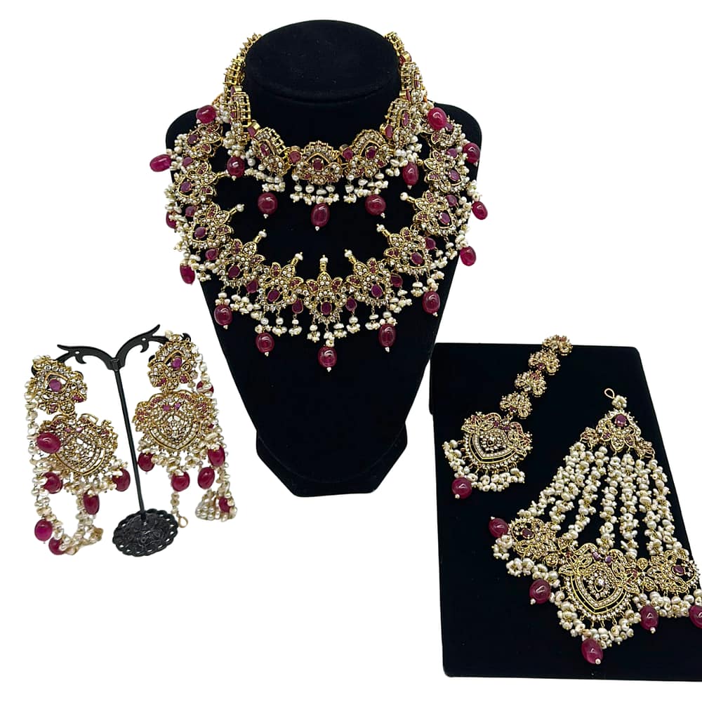 ruby Zirconia gold inspired design double necklace set