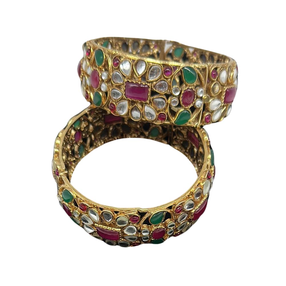 Kundan thick bangles with lock in ruby and emeralds