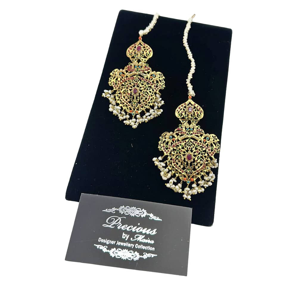 Gold style traditional nauratan earrings with real pearl hanging