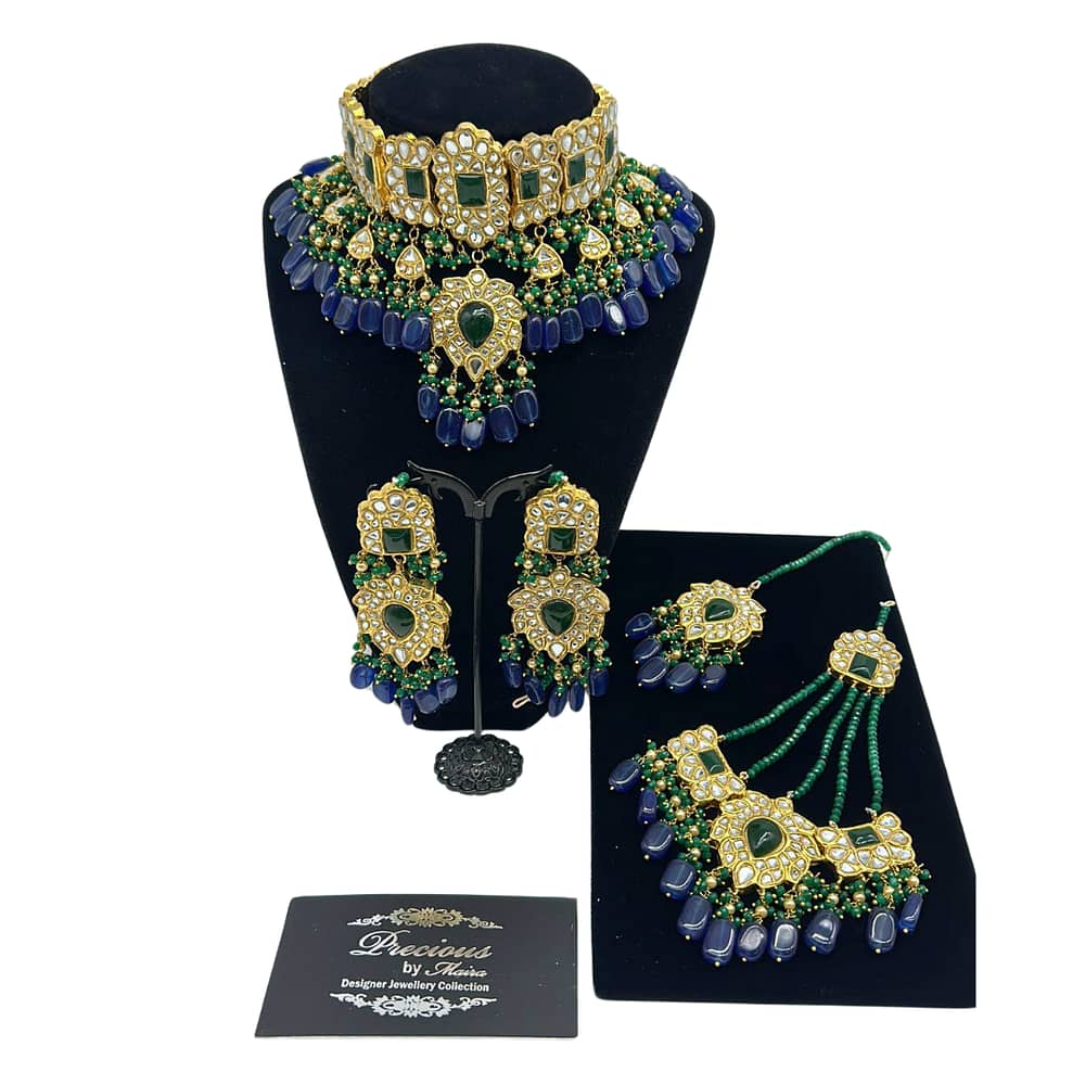 Kundan choker set with semi precious Sapphire droplets and emeralds hangings