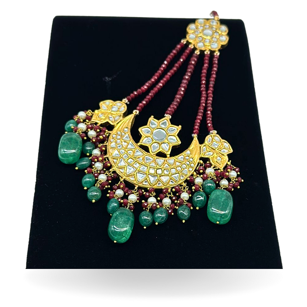 Kundan jhomer with semi precious ruby strands and emeralds hanging