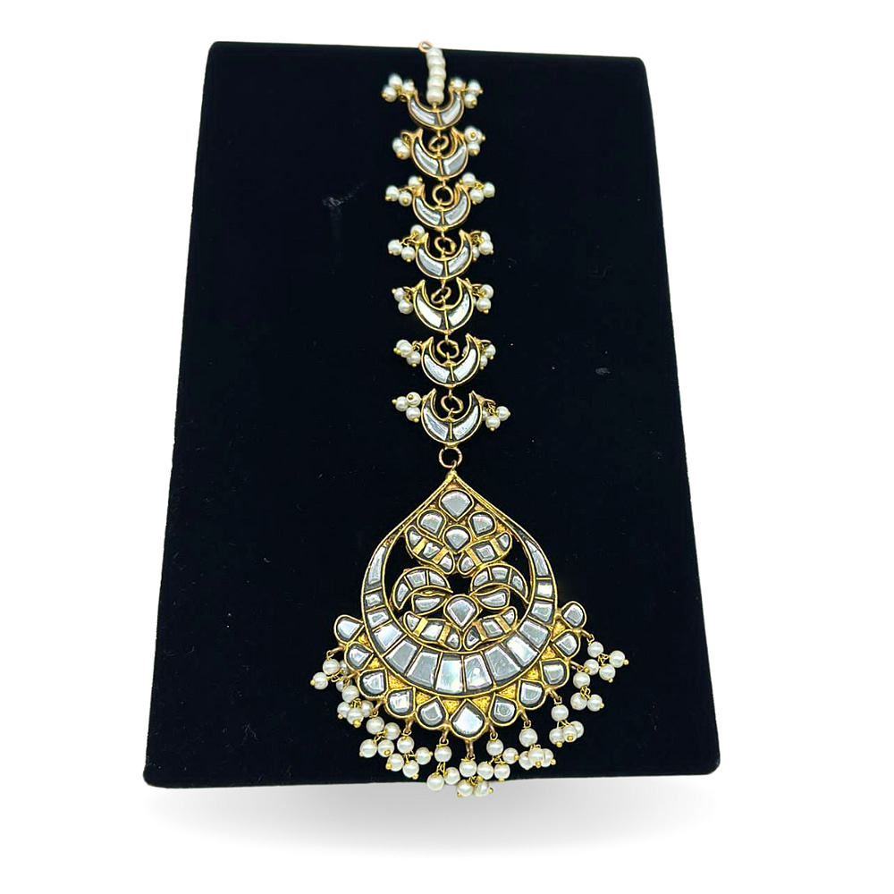 Statement gold plated kundan tikka with pearls