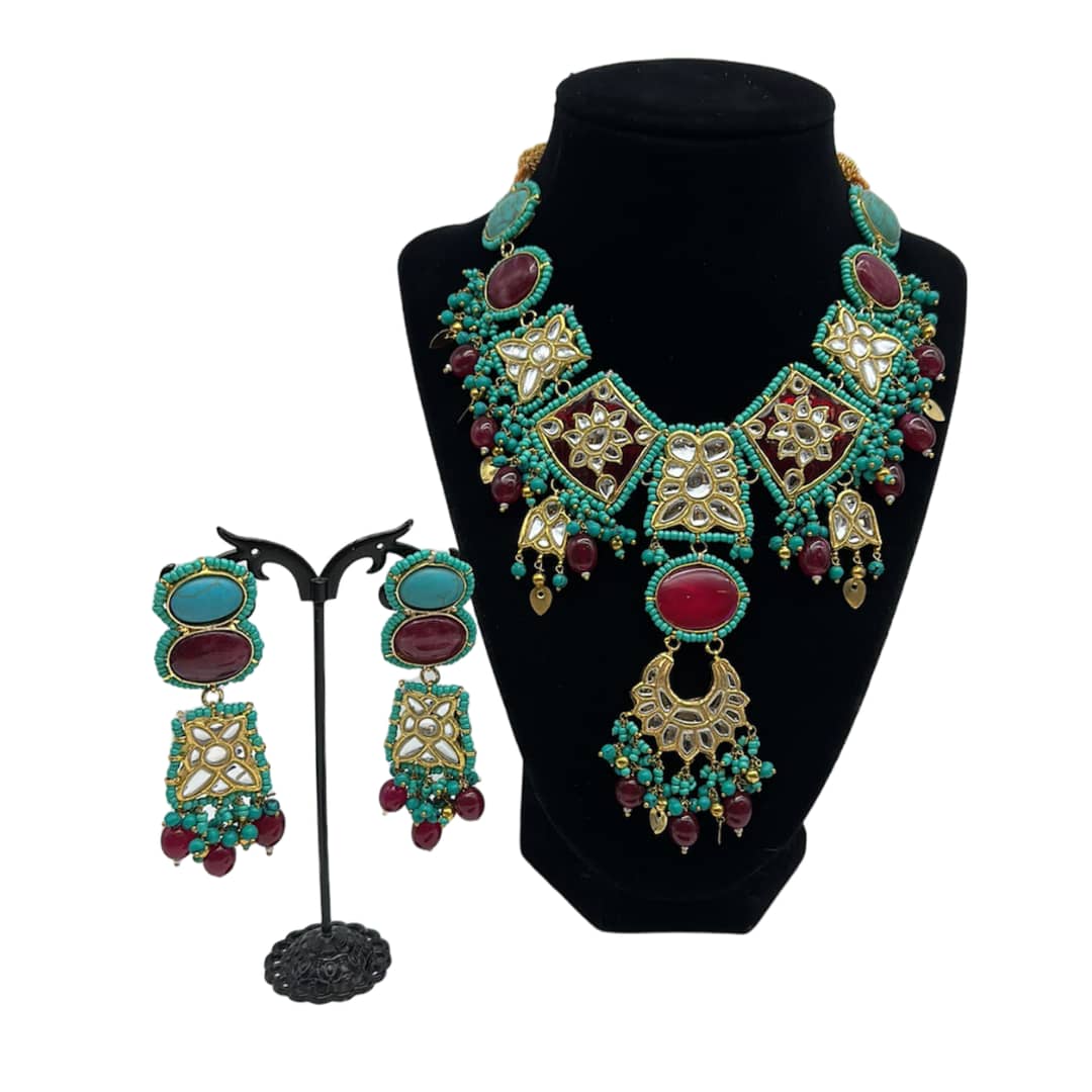 Kundan minakari necklace set in ruby and feroza