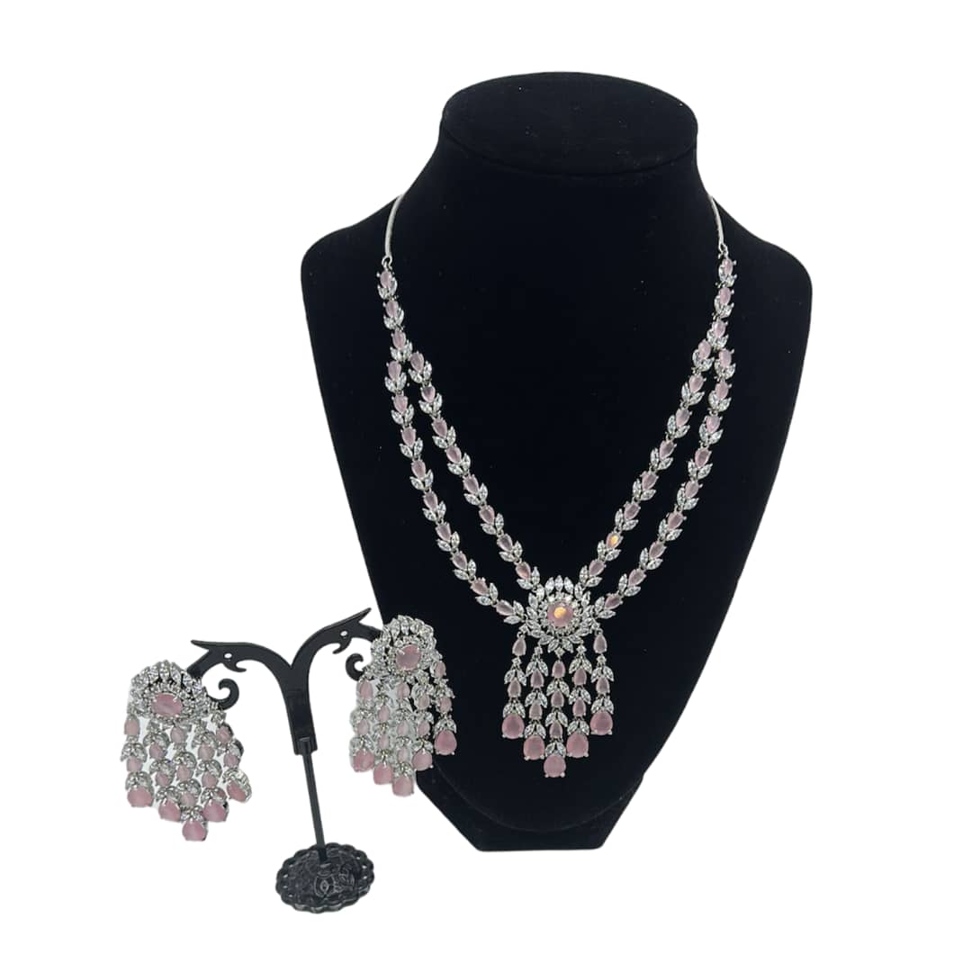 Pink Drop Style American Diamond Necklace Set