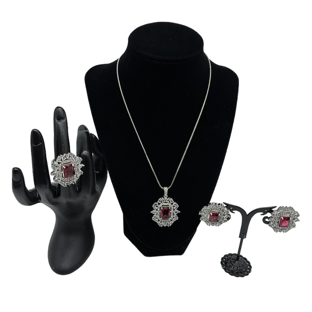 Silver Pendant Set with Red Stones