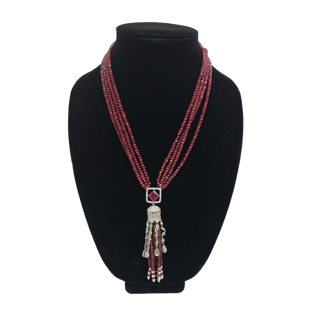 Long Tassel Style Necklace with Ruby Strands