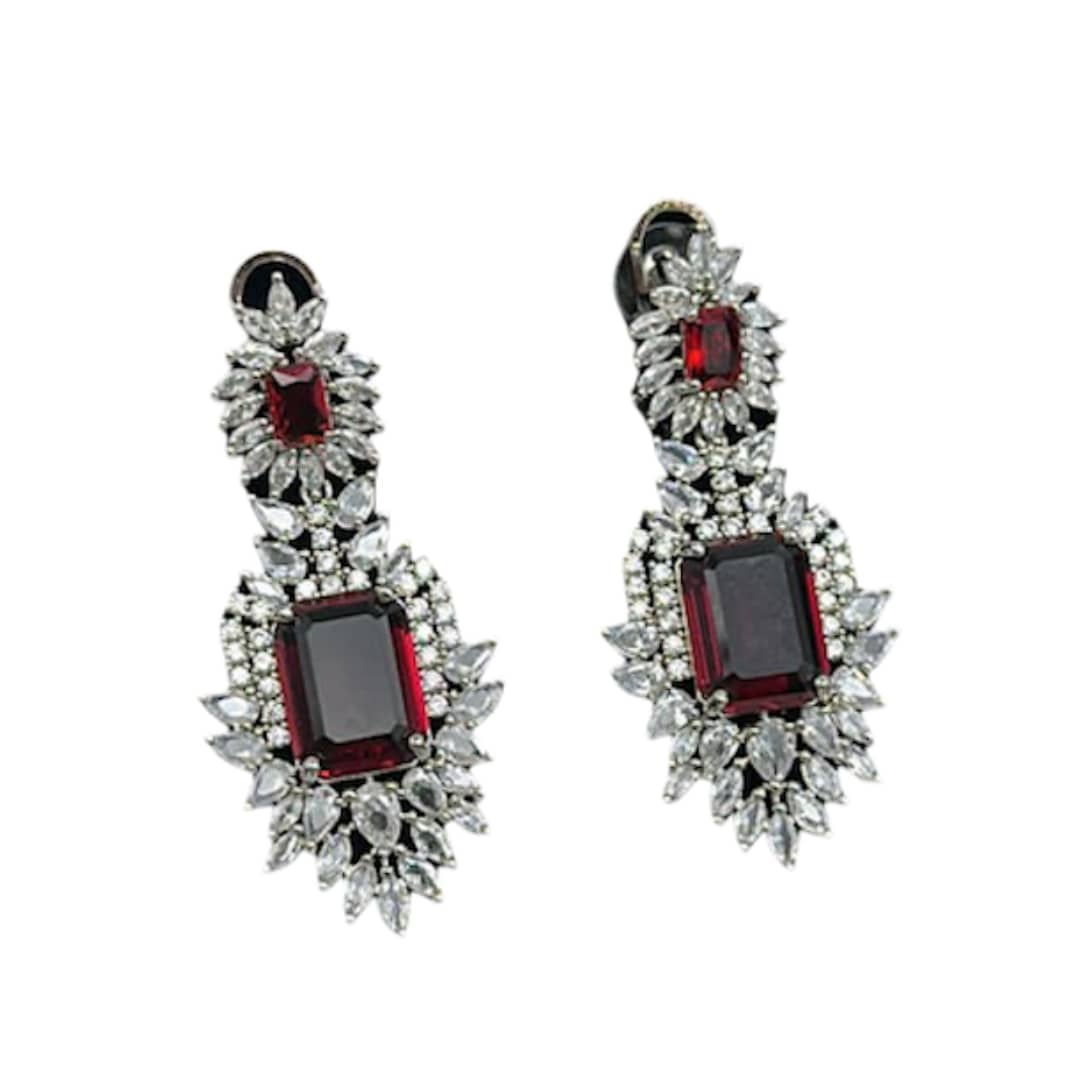 Silver American Diamond Red Statement Earrings