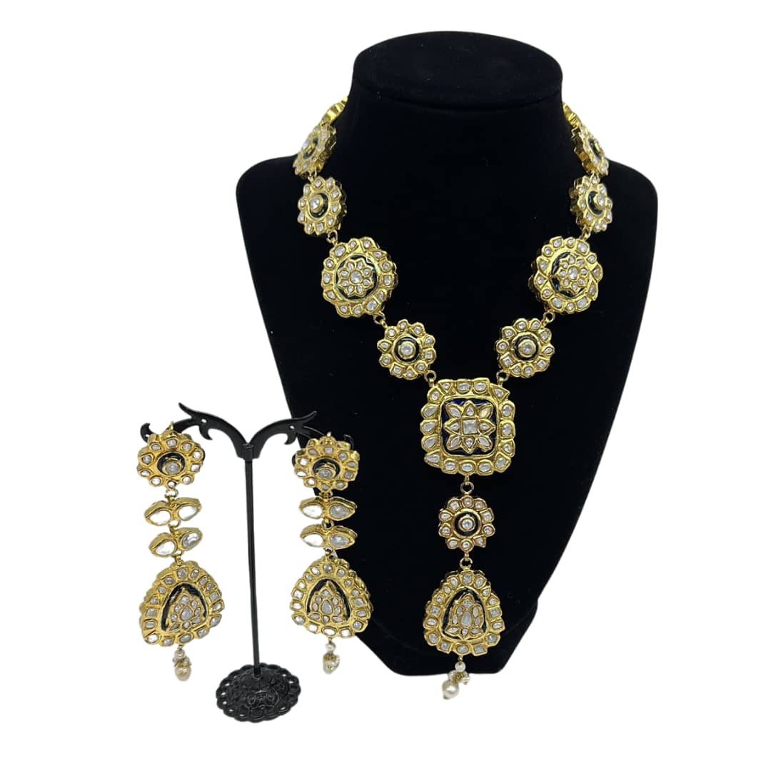 White Kundan meena mala set with matching earrings