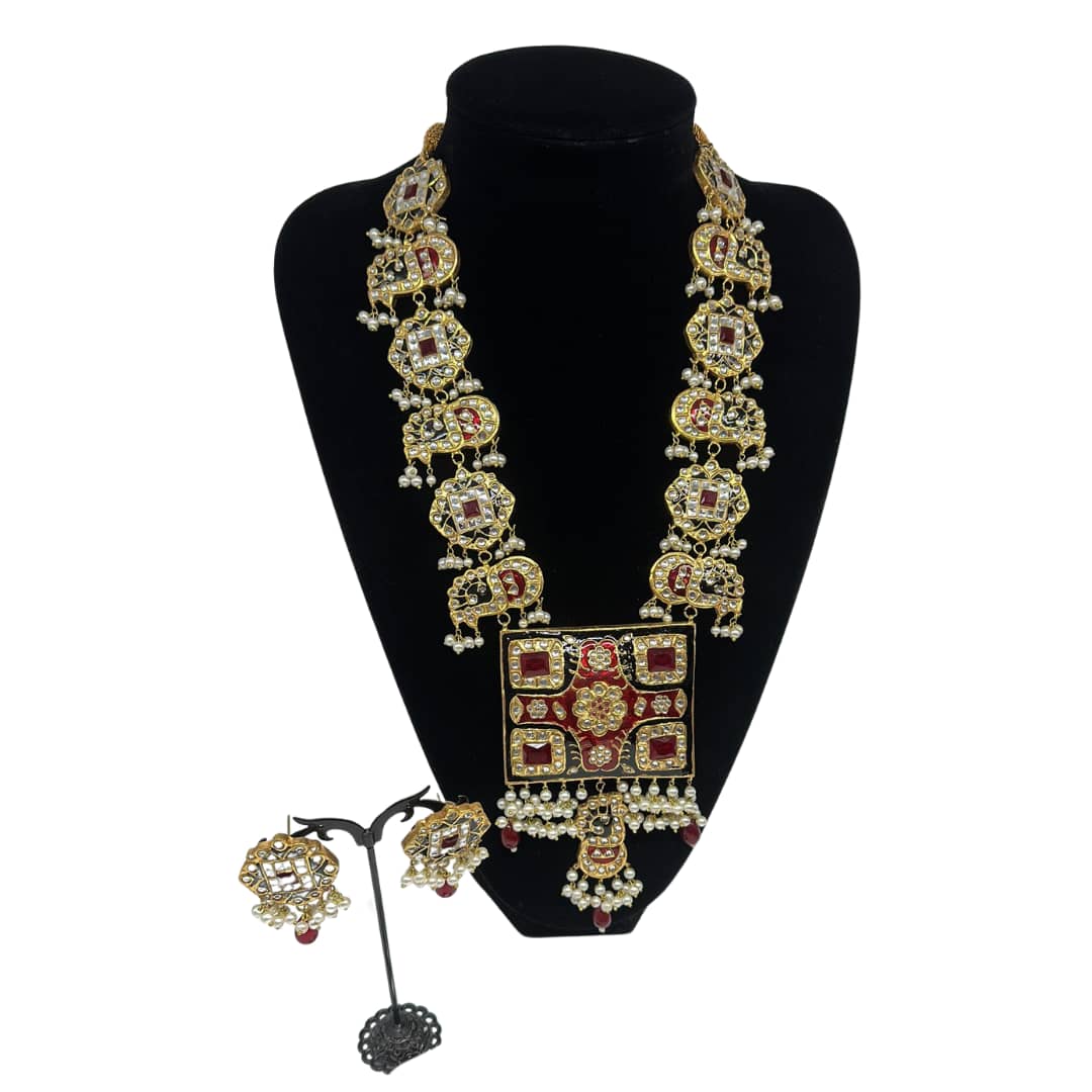 Kundan meenakari red Mala set with pearls finish