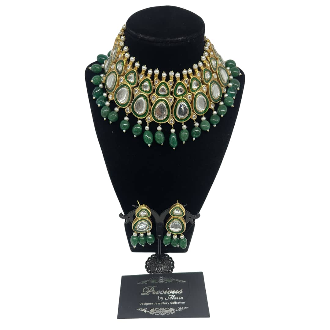 Kundan meenakari necklace set with semi precious emerald droplets and pearls