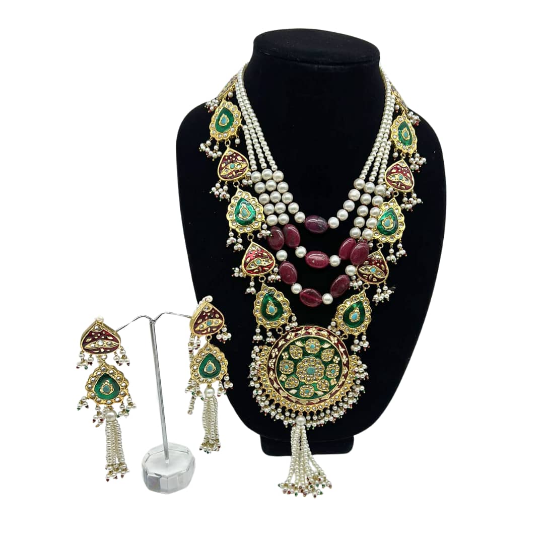 Beautiful statement pendant set with meenawork and pearls hanging