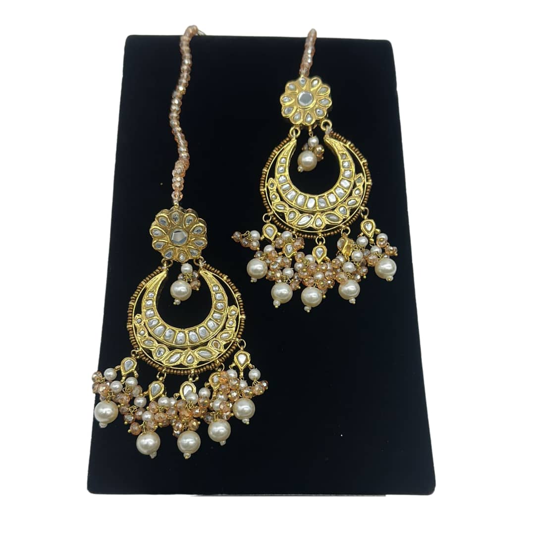 Kundan Chand Bali style earrings with tourmaline and pearls hanging