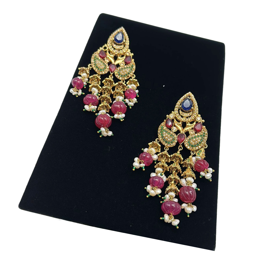 Hanging Style Zirconia Earrings with Ruby Stones and Emeralds Droplets