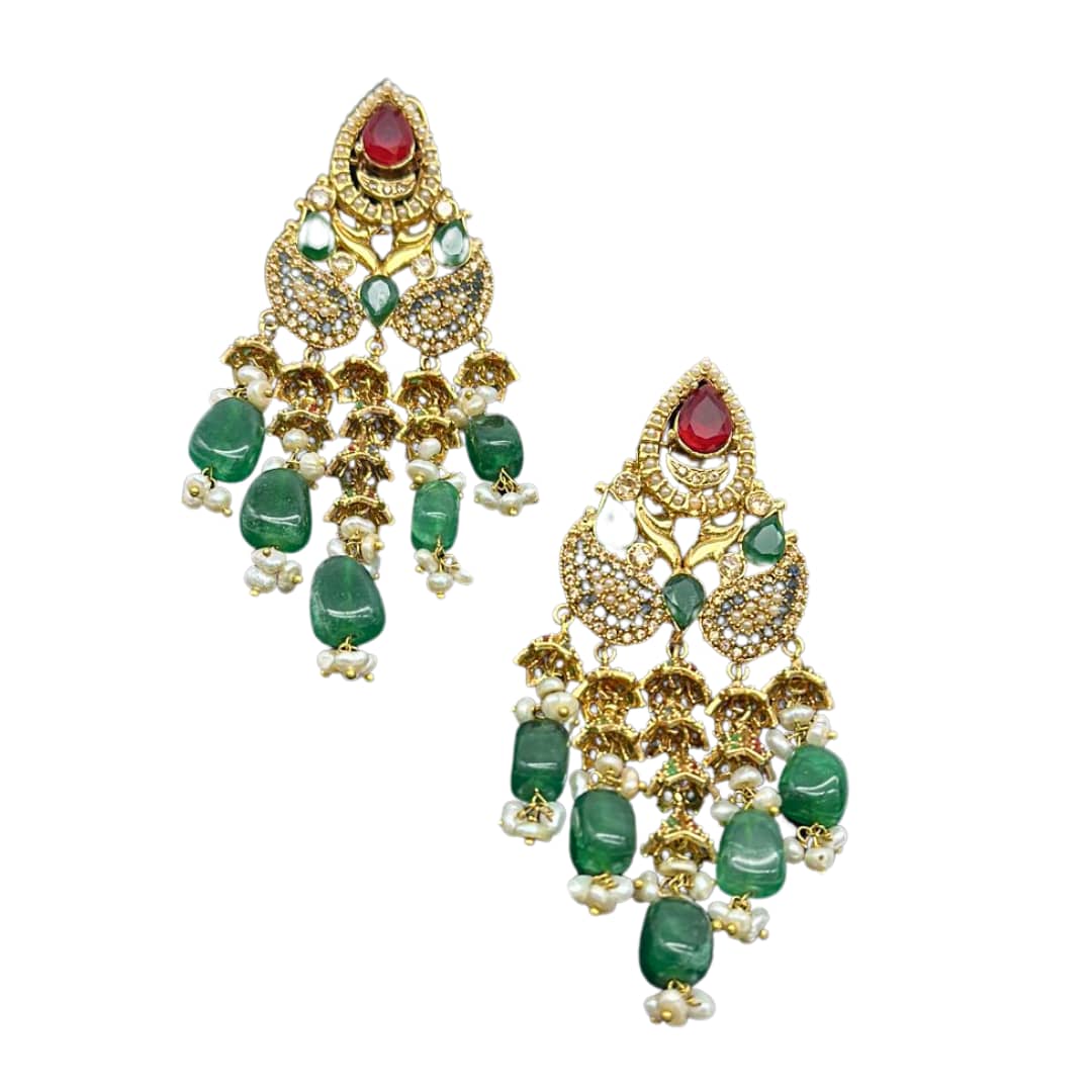 Hanging Style Zirconia Earrings with Ruby Stones and Emeralds Droplets