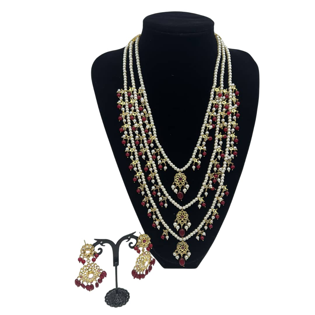 Three layered Hyderabadi polkee Mala set with pearl strands and ruby droplets