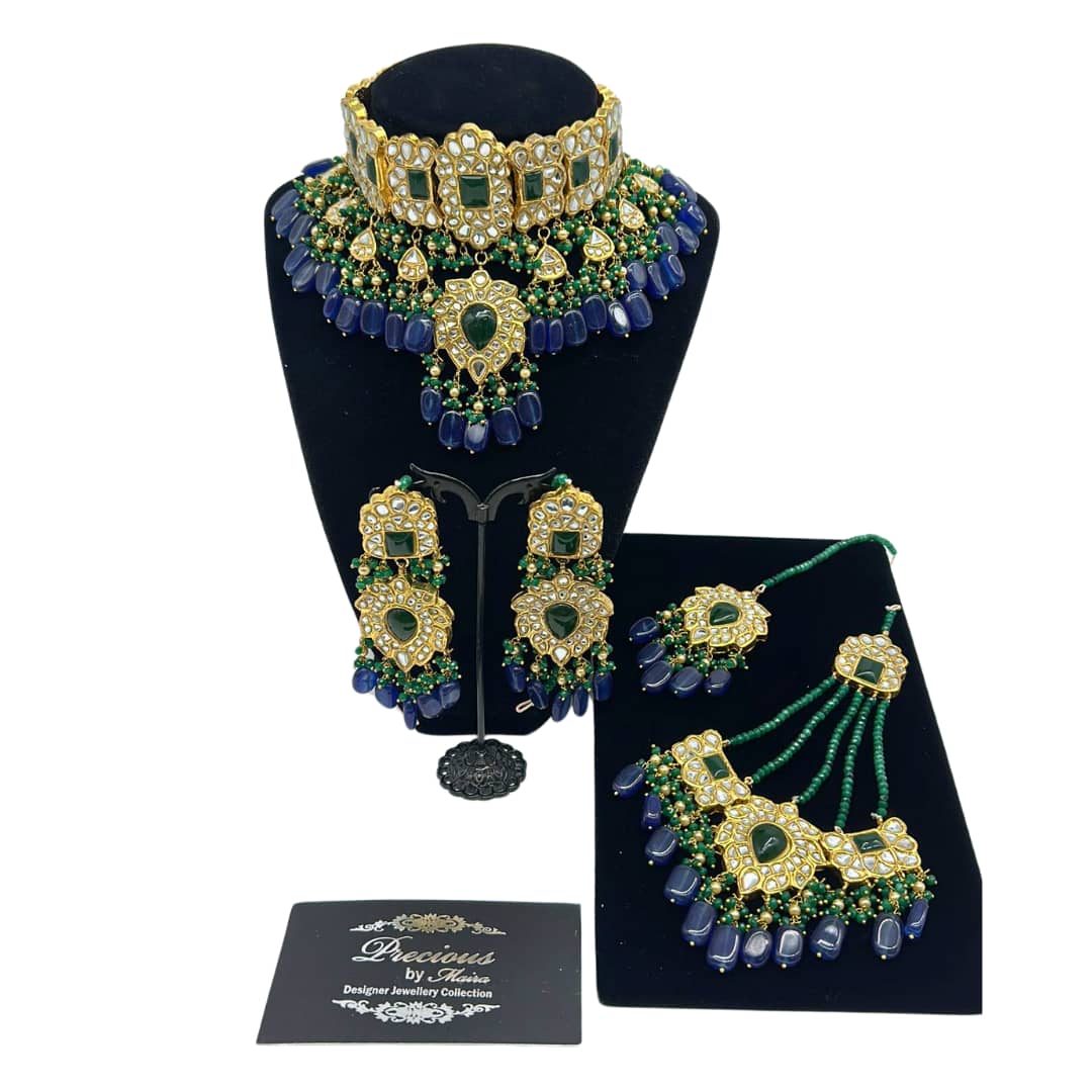 Kundan choker set with semi precious Sapphire droplets and emeralds hangings