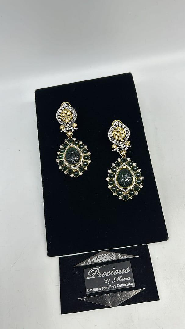 Hand carved semi precious emeralds with uncut kundan border earrings