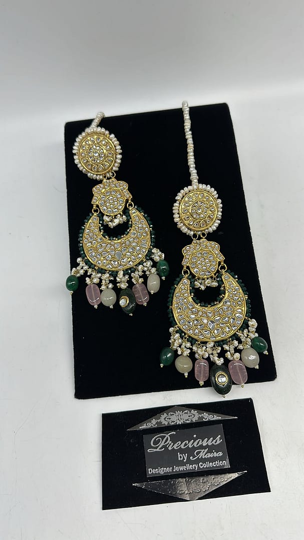 Kundan over sized Chand Bali style earrings with real pearls finish and semi precious droplets hanging