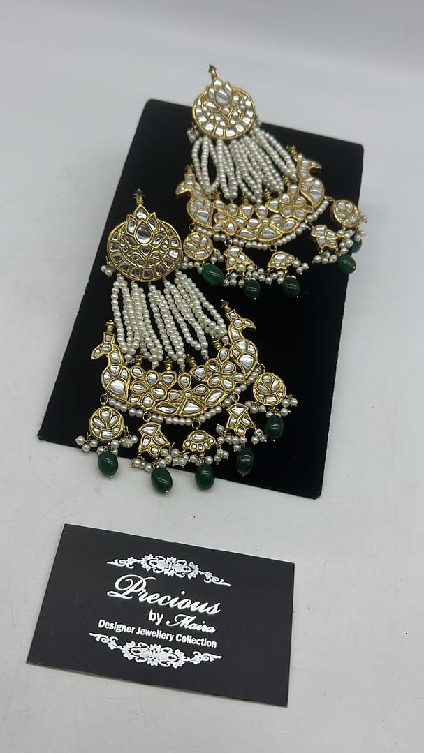 Jhoomer style statement kundan earrings with pearls and emeralds