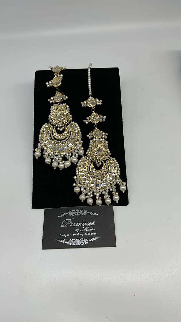 Kundan Chand Bali in all pearls with fancy Sahara